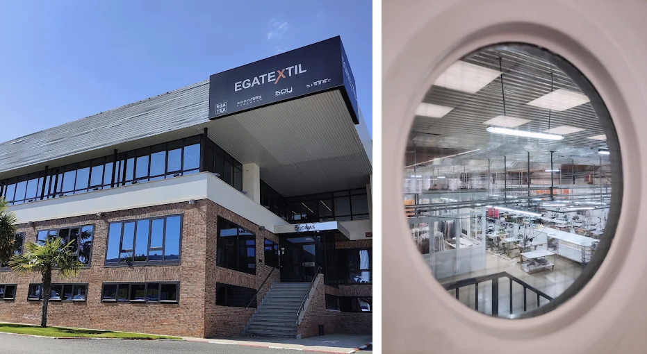 Caso de éxito de EGA Textil con fachada de la empresa y vista interior de sus instalaciones textiles